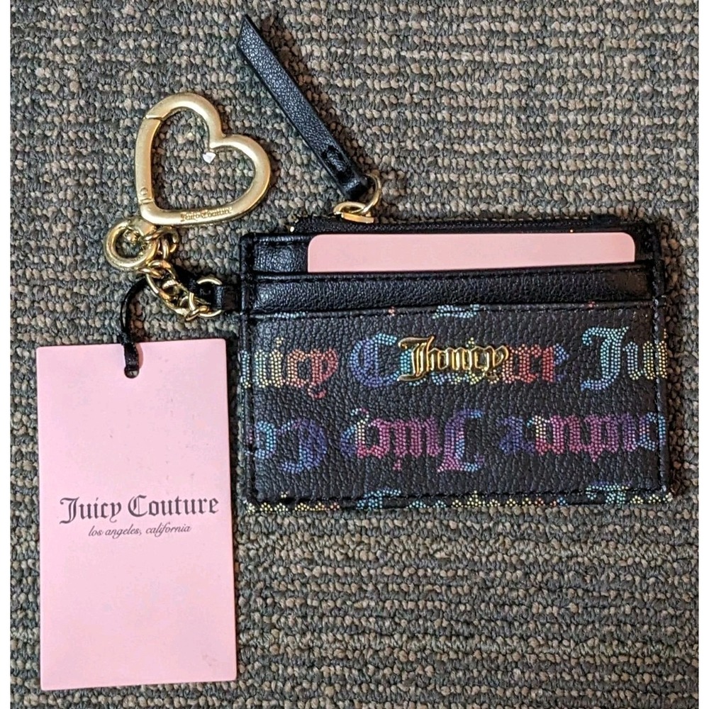 New Juicy Couture Card Case, Coin Purse, Heart Clip Key Ring Rainbow Black‎ Gold